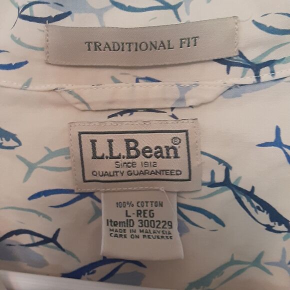 L.L. Bean Shirt Men's Size L Traditional Fit Short Sleeve Button Up Fish White - Picture 6 of 9